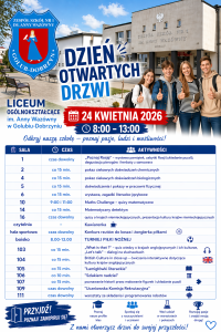 Plakat na Dzień Otwartych Drzwi w Liceum Ogólnokształcącym w Golubiu-Dobrzyniu